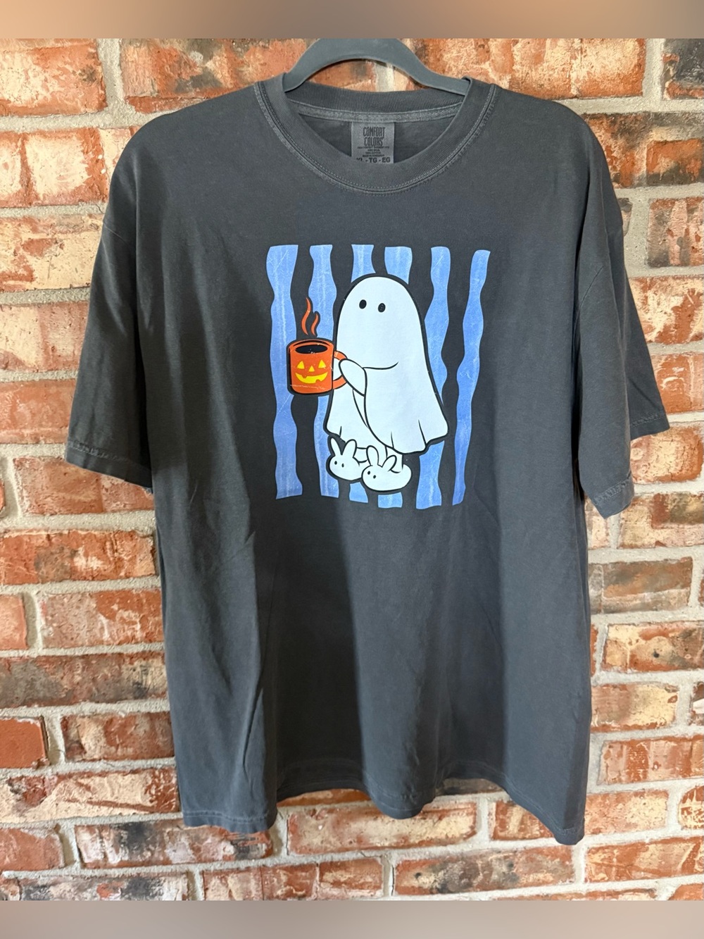 Comfort Colors Pepper Tee with Ghost Graphic and Blue Stripe Accents
